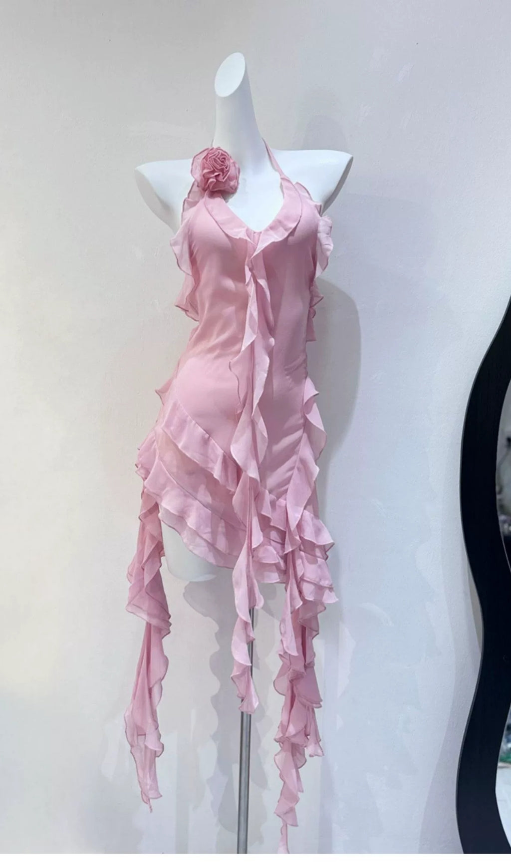 PINK RUFFLED HALTER NECK MINI DRESS