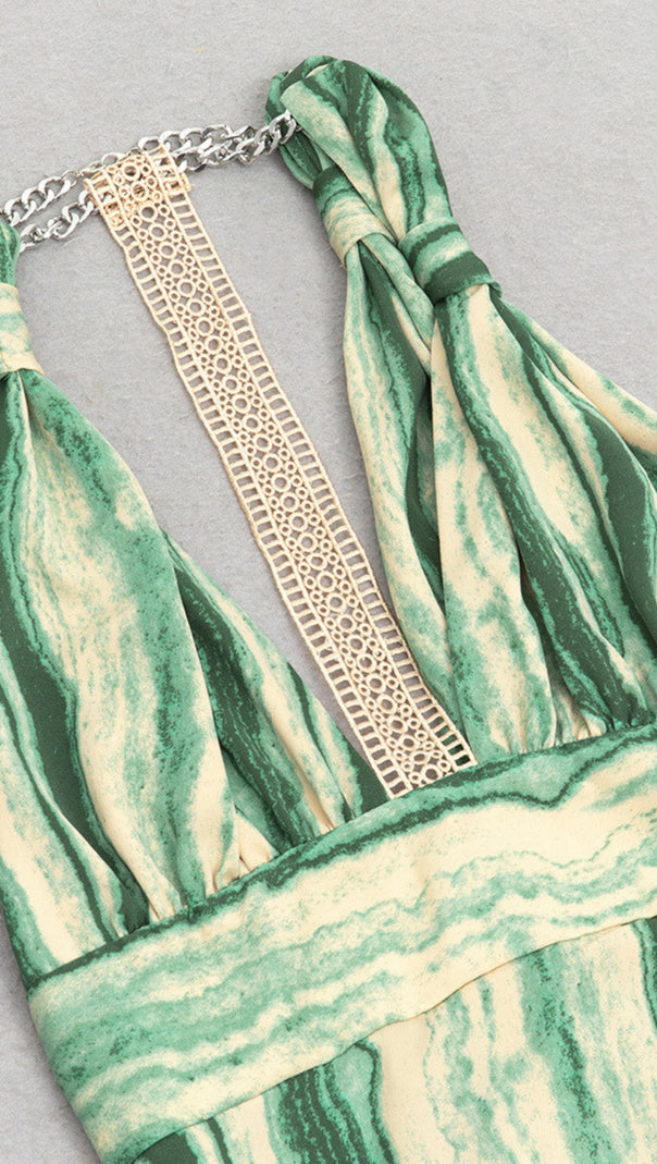 AIIZIE STRIPED HALTER NECK RUFFLE - HEM MAXI DRESS IN GREEN - product image