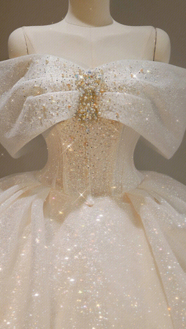 AIIZIE CHAMPAGNE SPARKLE TULLE BALL GOWN OFF SHOULDER BOW PRINCESS DRESS - product image