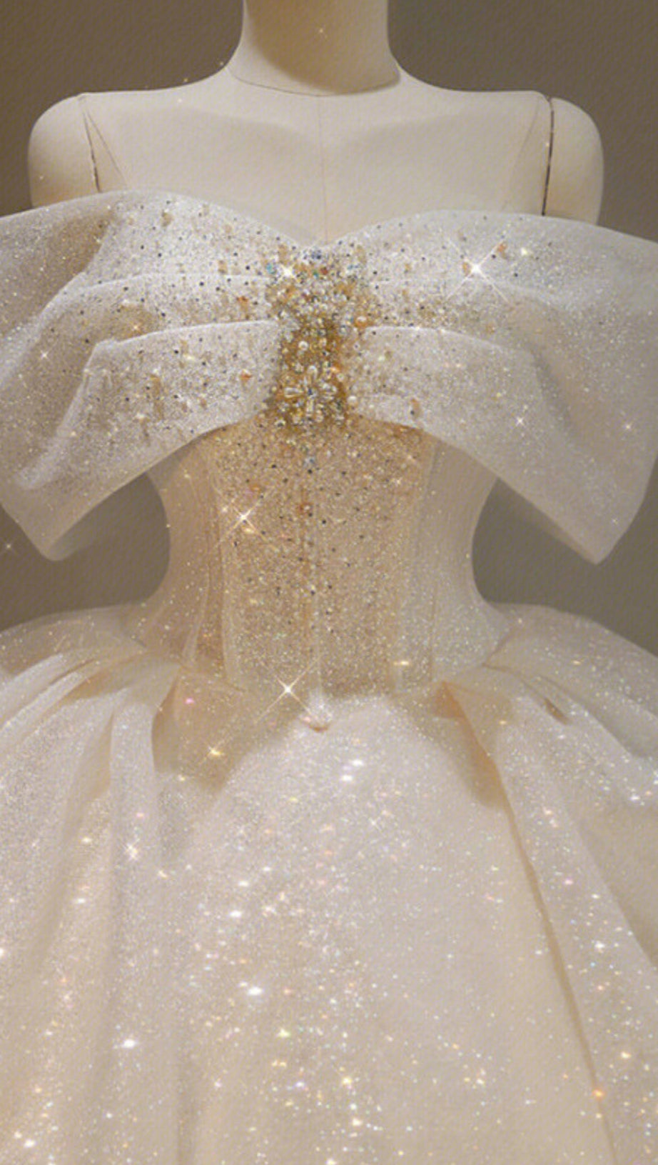 CHAMPAGNE SPARKLE TULLE BALL GOWN OFF SHOULDER BOW PRINCESS DRESS