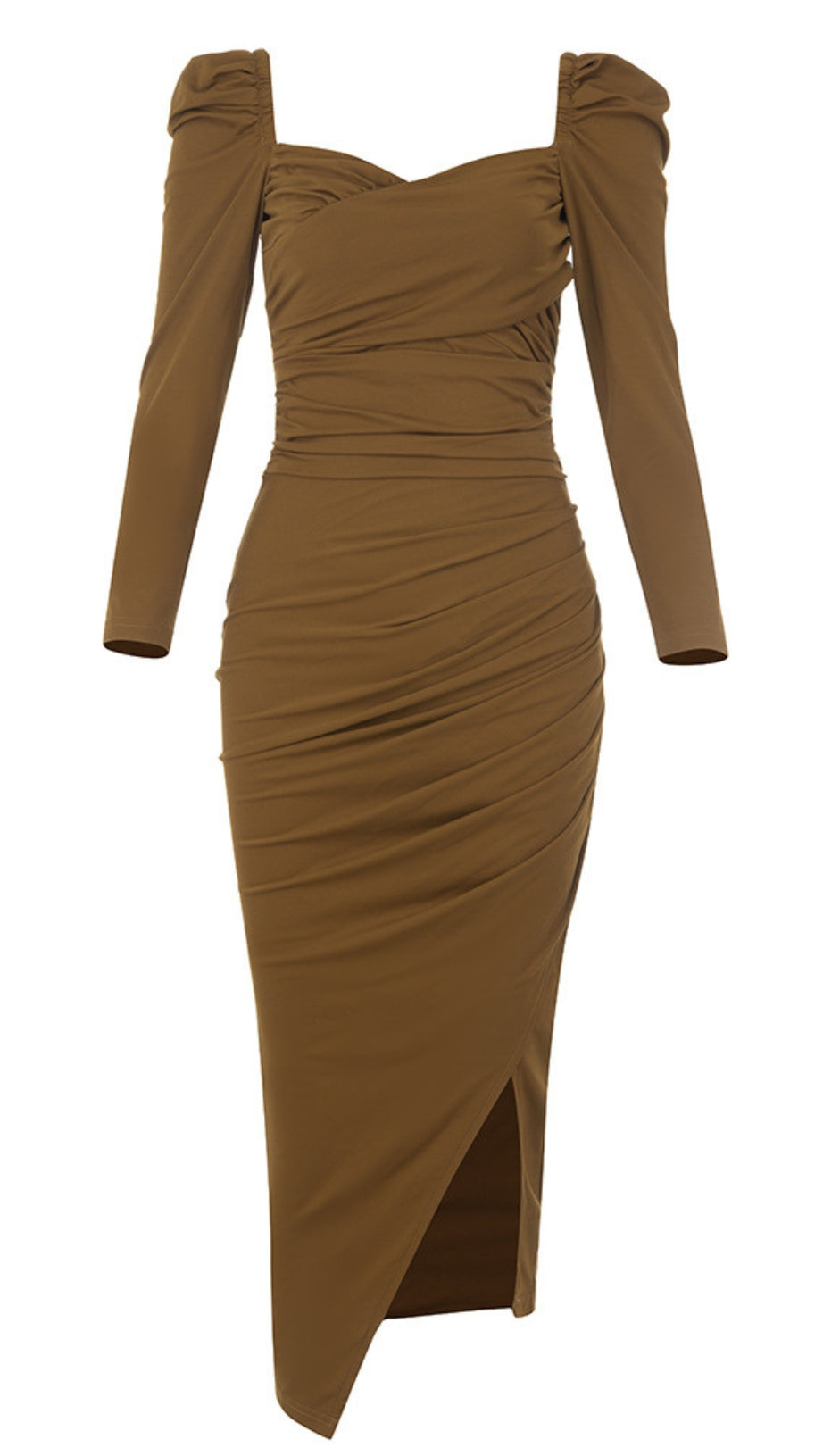 Braunes Midikleid mit eckigem Ausschnitt, Puffärmeln, gerafftem Schlitz