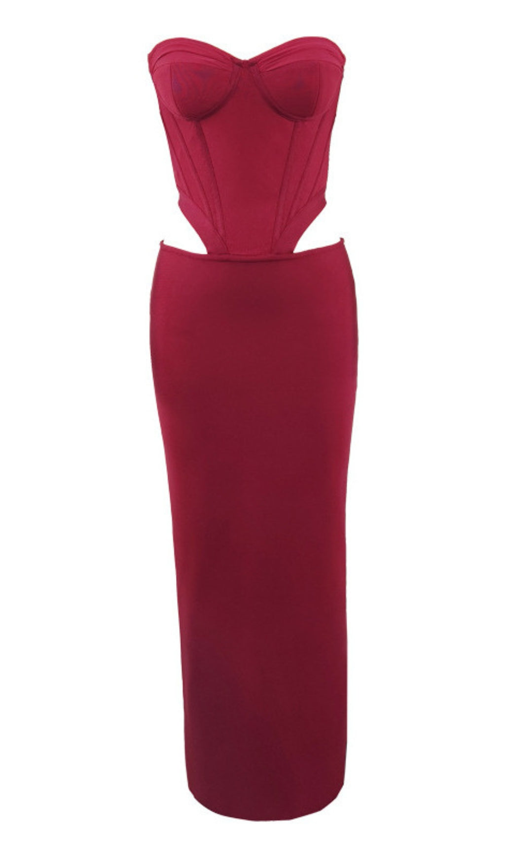 BURGUNDY MIDI DRESS WITH BANDEAU, BONED CORSET DESIGN