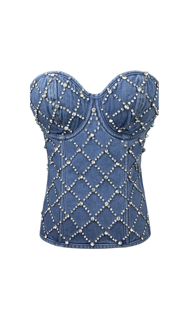 AIIZIE JACQUELINE CRYSTAL EMBELLISHED STRAPLESS DENIM TOP IN BLUE - product image