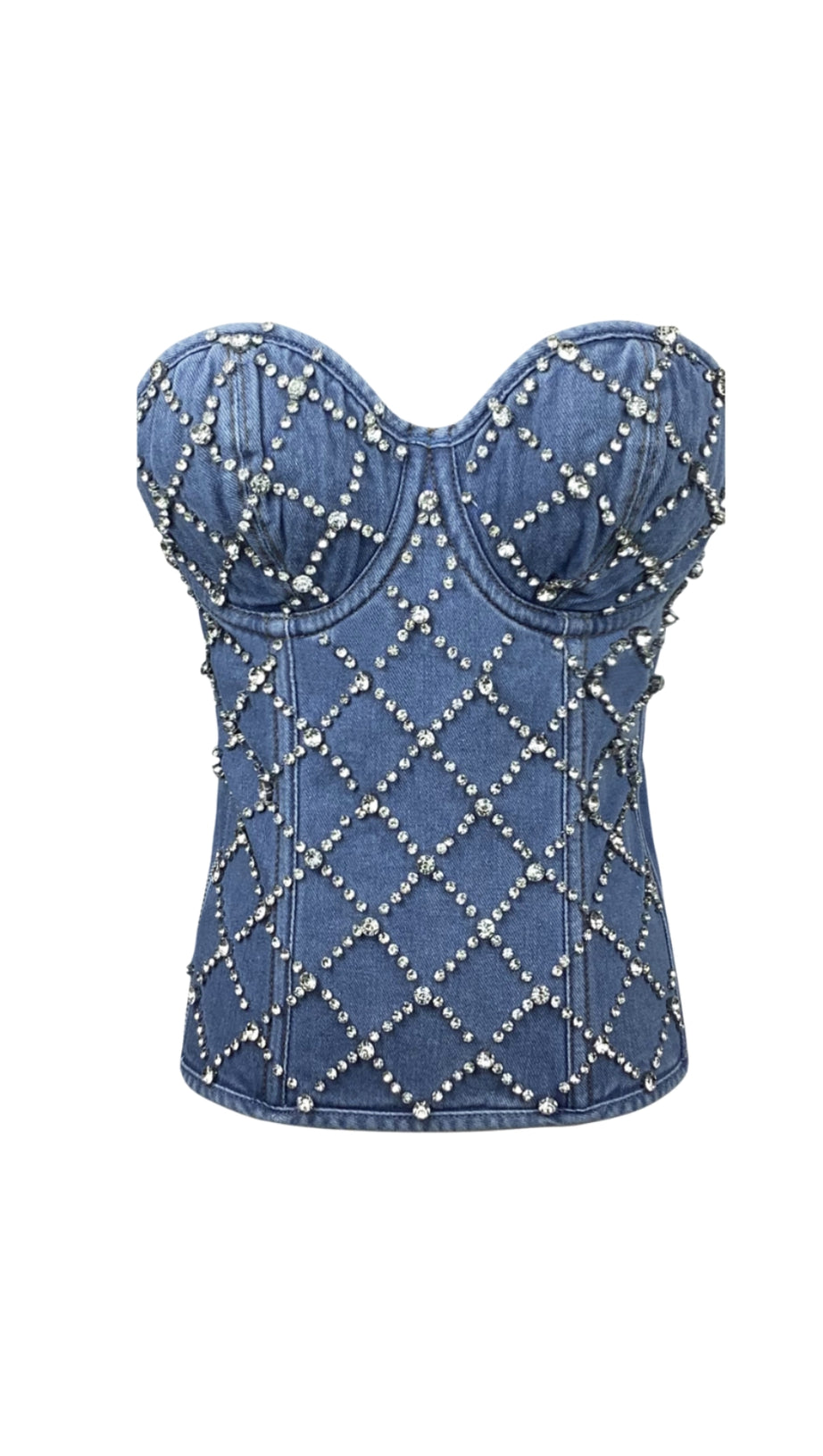 JACQUELINE CRYSTAL EMBELLISHED STRAPLESS DENIM TOP IN BLUE