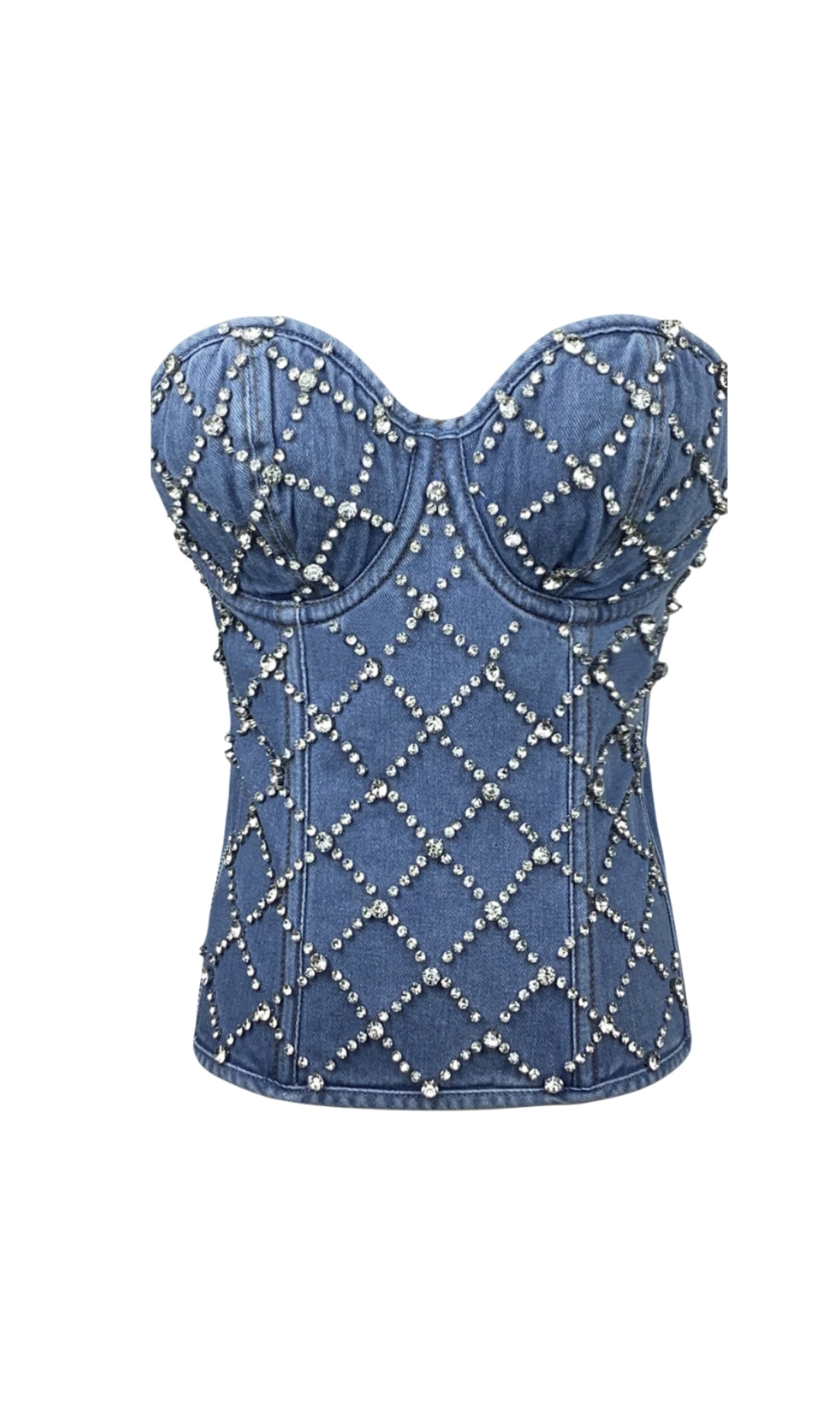JACQUELINE CRYSTAL EMBELLISHED STRAPLESS DENIM TOP IN BLUE