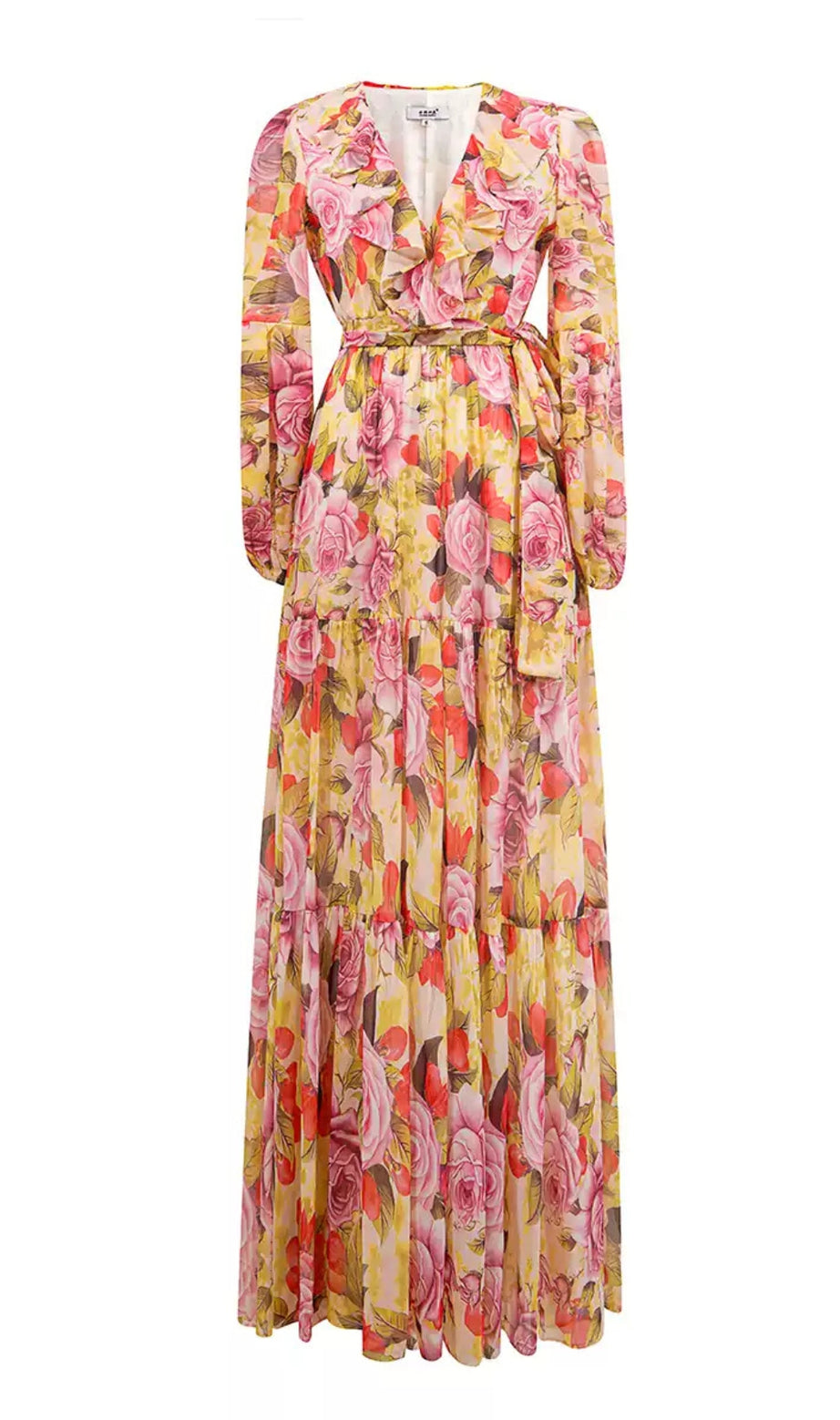 Colorful Floral Long Sleeve Maxi Dress with Belt