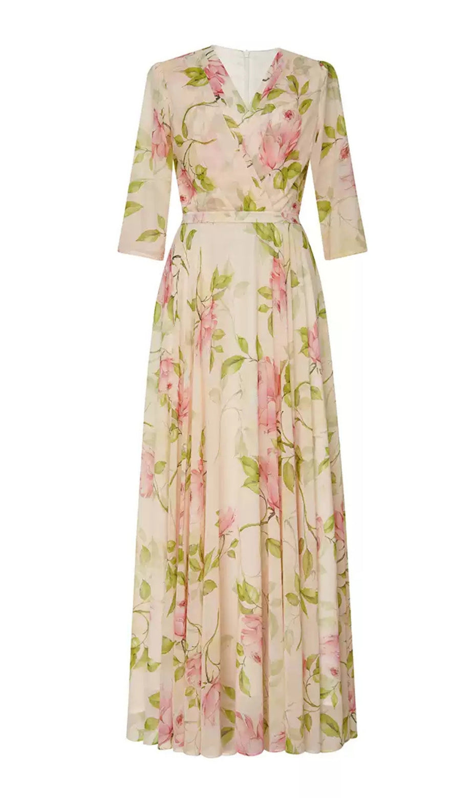 Floral Print Wrap V - Neck Chiffon Maxi Dress