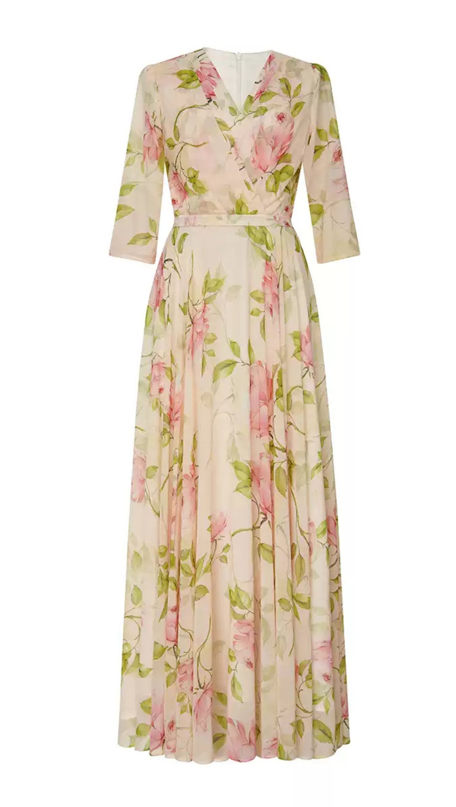 FLORAL PRINT WRAP V - NECK CHIFFON MAXI DRESS