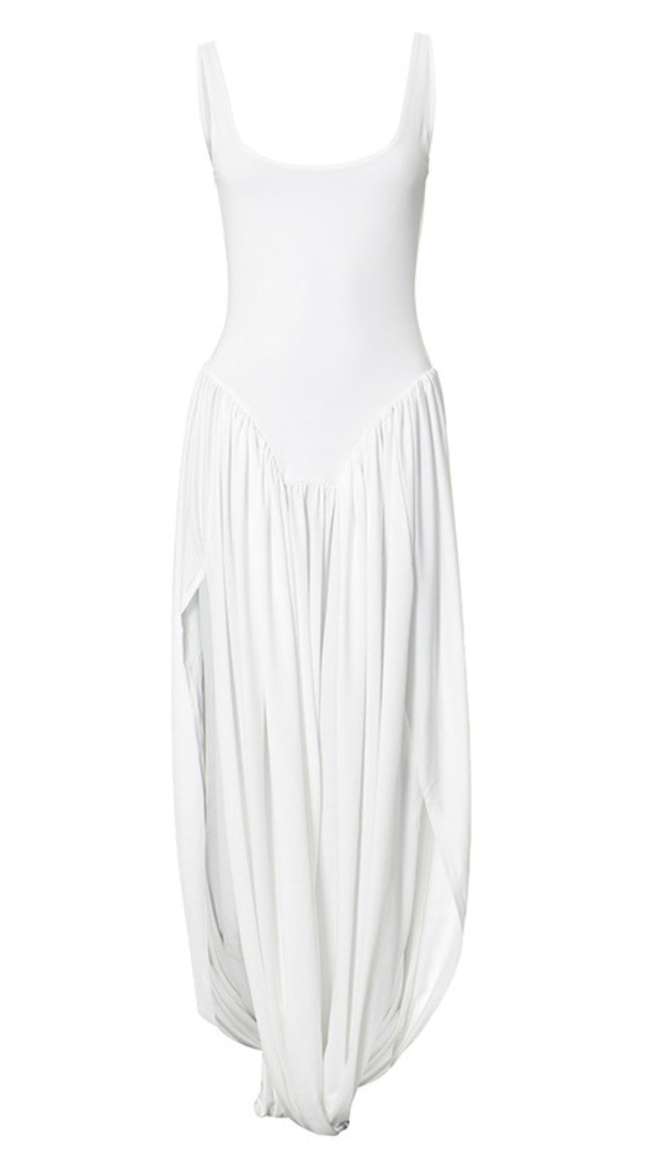 SQUARE NECK RUCHED ASYMMETRIC MAXI DRESS IN WHITE