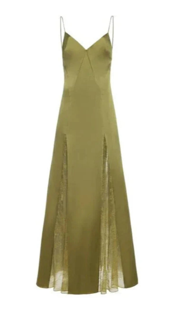 AIIZIE GREEN EXCLUSIVE LACE-INSET SILK MAXI SLIP DRESS - product image