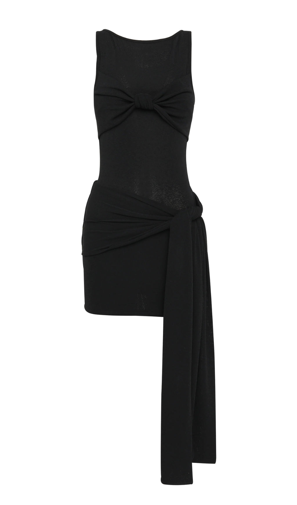 schwarzes ärmelloses Minikleid mit gedrehten drapierten Bändern