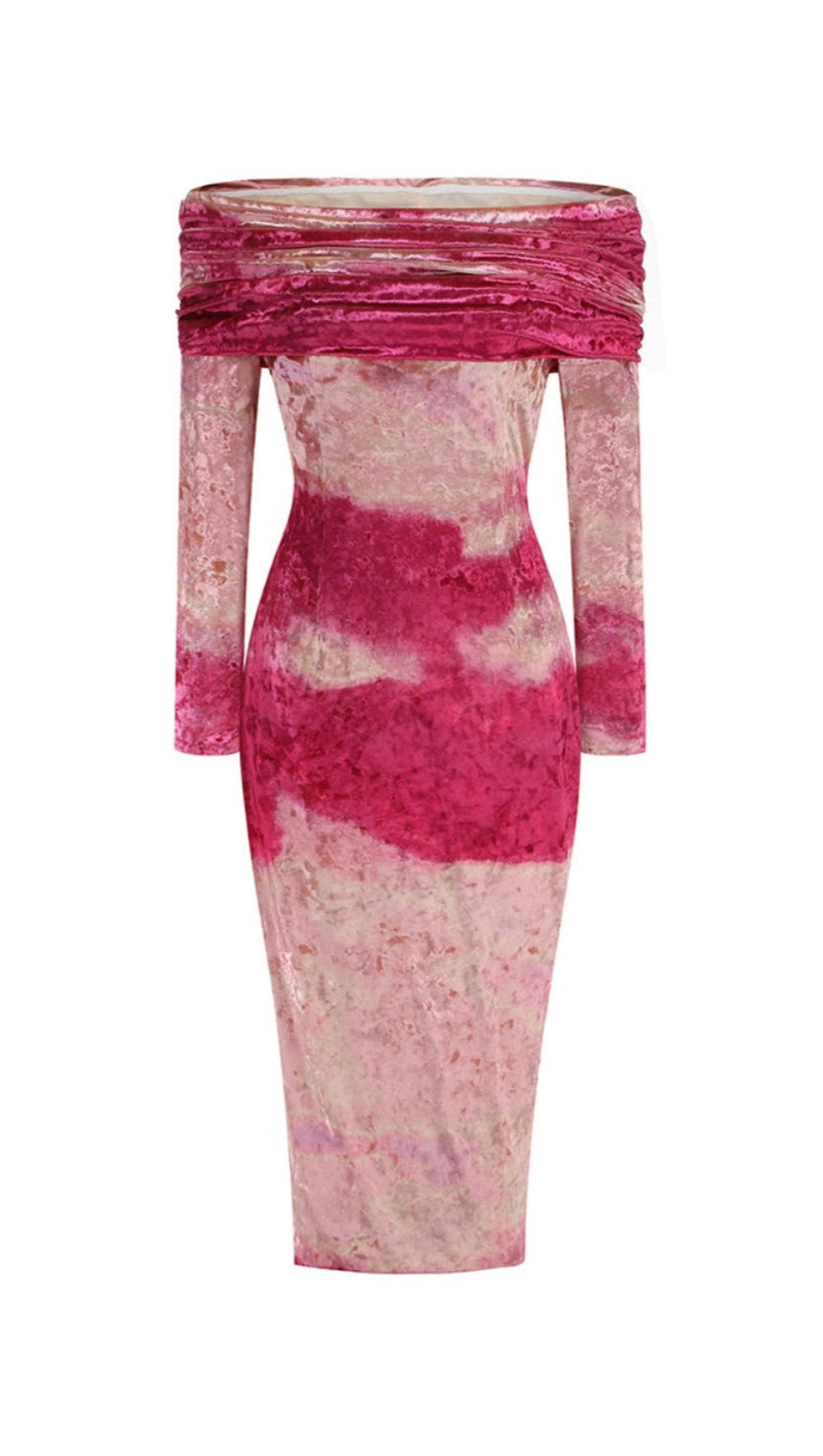 DONNA PINK OFF-SHOULDER PRINT VELVET LONG SLEEVE MIDI DRESS