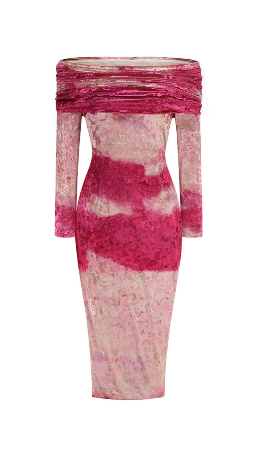 AIIZIE DONNA PINK OFF-SHOULDER PRINT VELVET LONG SLEEVE MIDI DRESS - product image