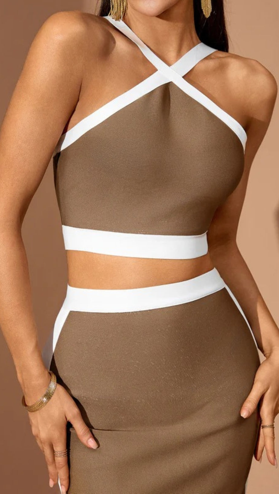 CORA WHITE STRIPED PATCHWORK MAXI BANDAGE SET - BROWN