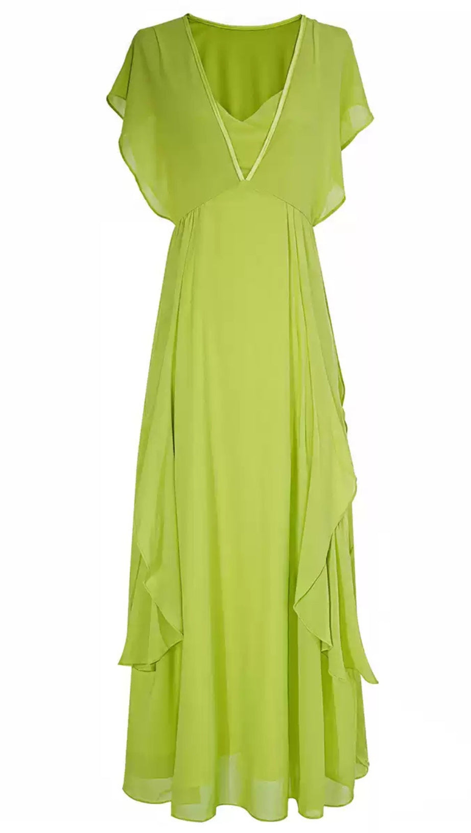 ELEGANT LIME GREEN CHIFFON MAXI DRESS WITH LAYERED DETAILS