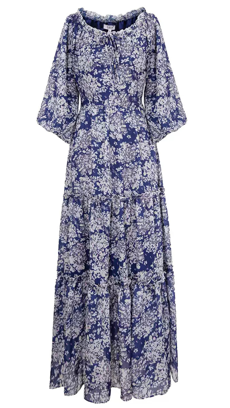 BLUE FLORAL OFF SHOULDER MAXI DRESS WITH TIERED SKIRT
