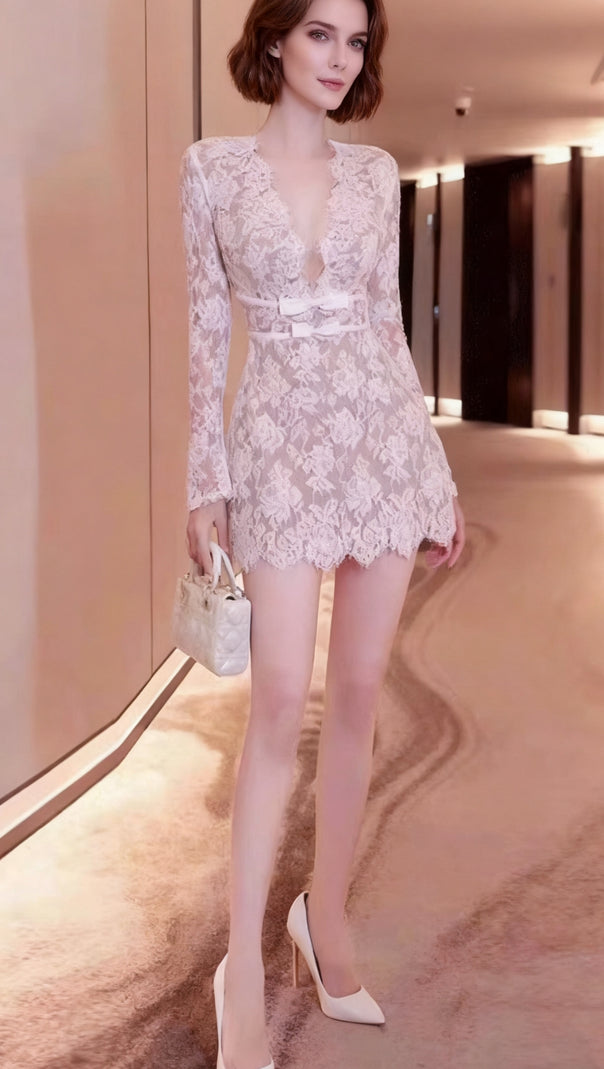 AIIZIE FLOWER LACE LONG SLEEVE MINI DRESS IN WHITE - product image