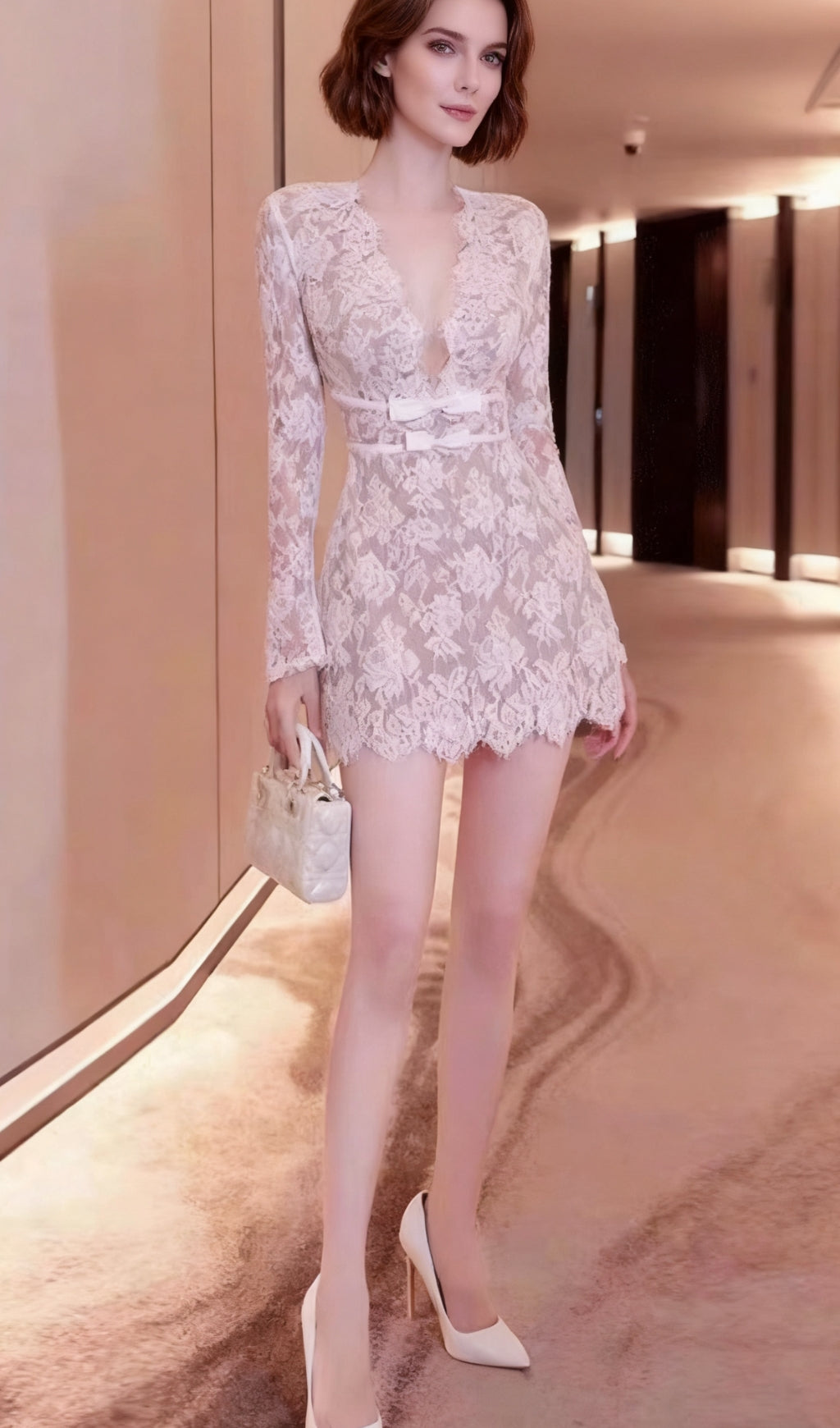 AIIZIE FLOWER LACE LONG SLEEVE MINI DRESS IN WHITE - product image