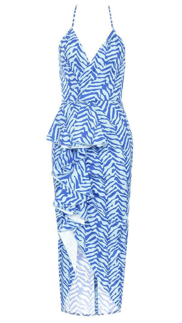 AIIZIE ZEBRA - PRINT RUFFLED HALTER MIDI DRESS IN BLUE - product image