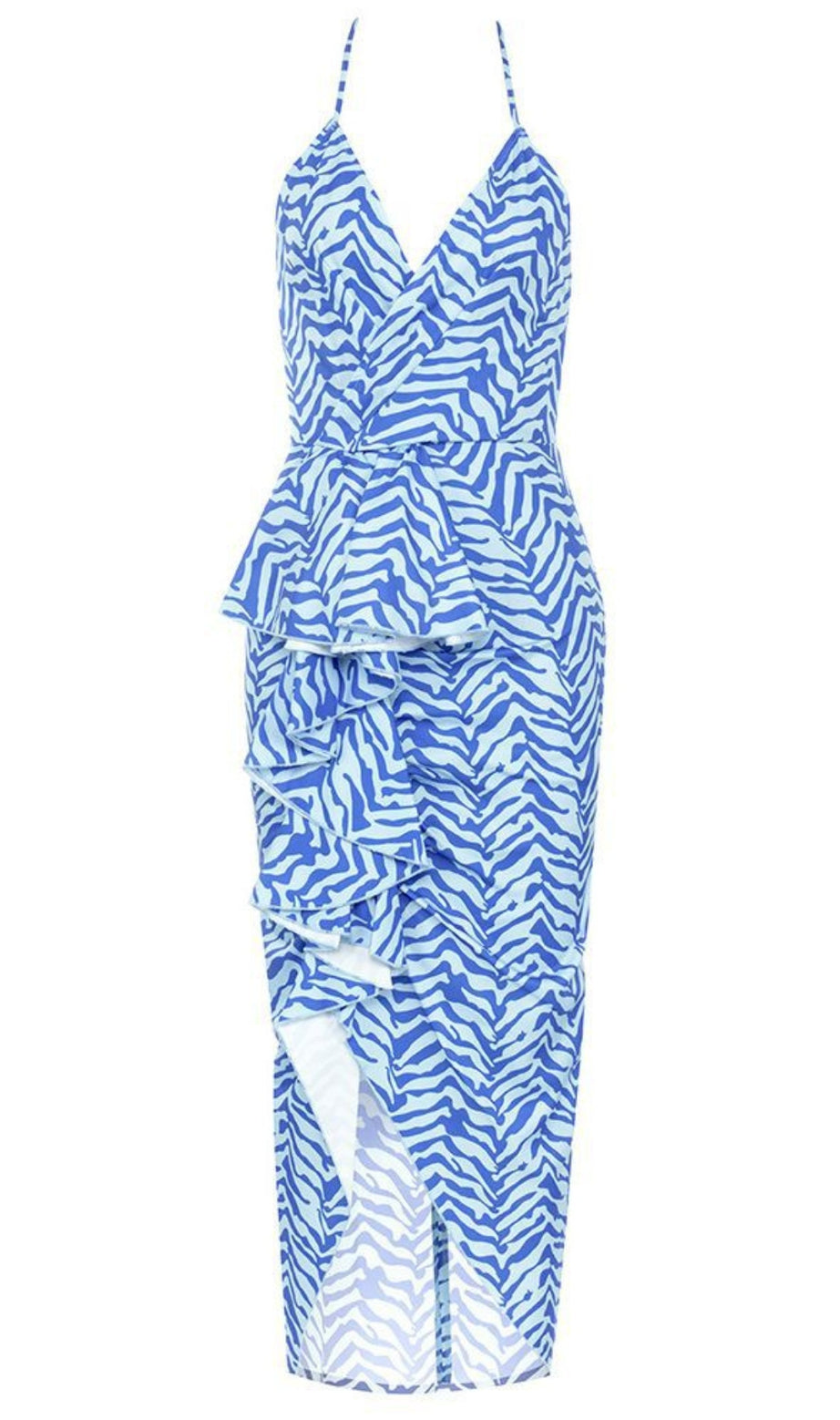 Zebra - Print Ruffled Halter Midi Dress in Blue