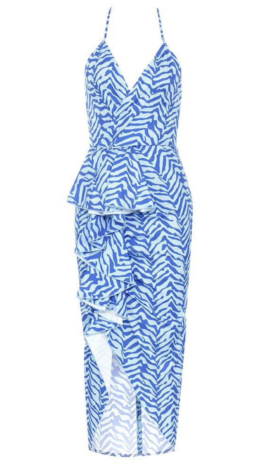 ZEBRA - PRINT RUFFLED HALTER MIDI DRESS IN BLUE