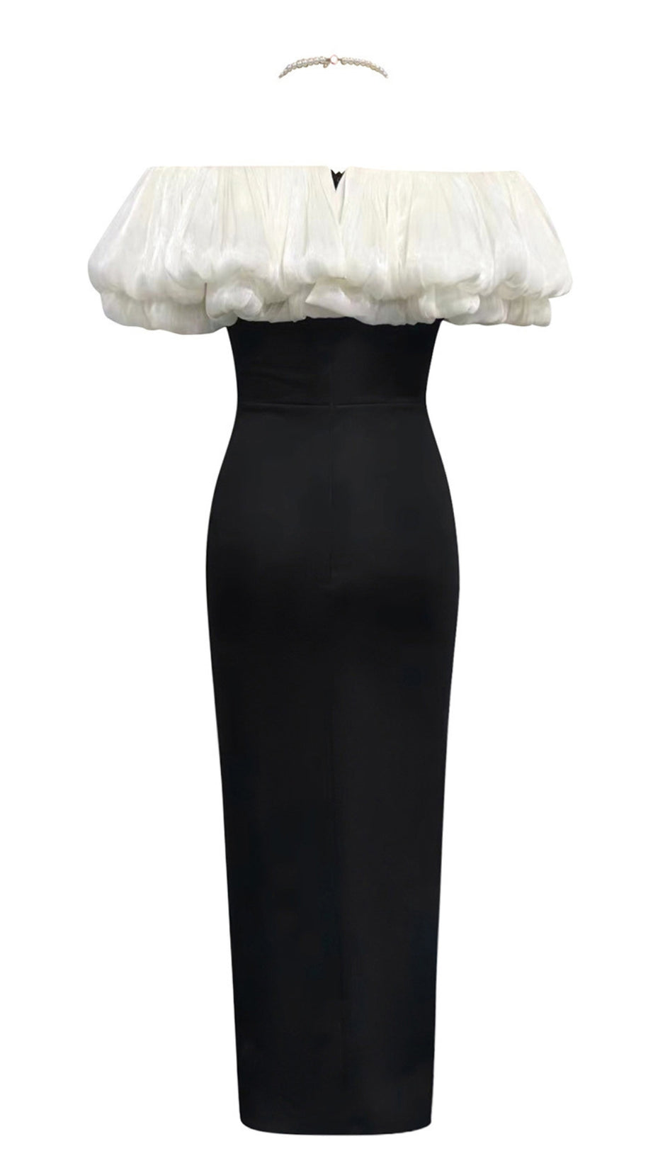 Schulterfreies Midikleid mit Rüschen und Schlitz in Schwarz