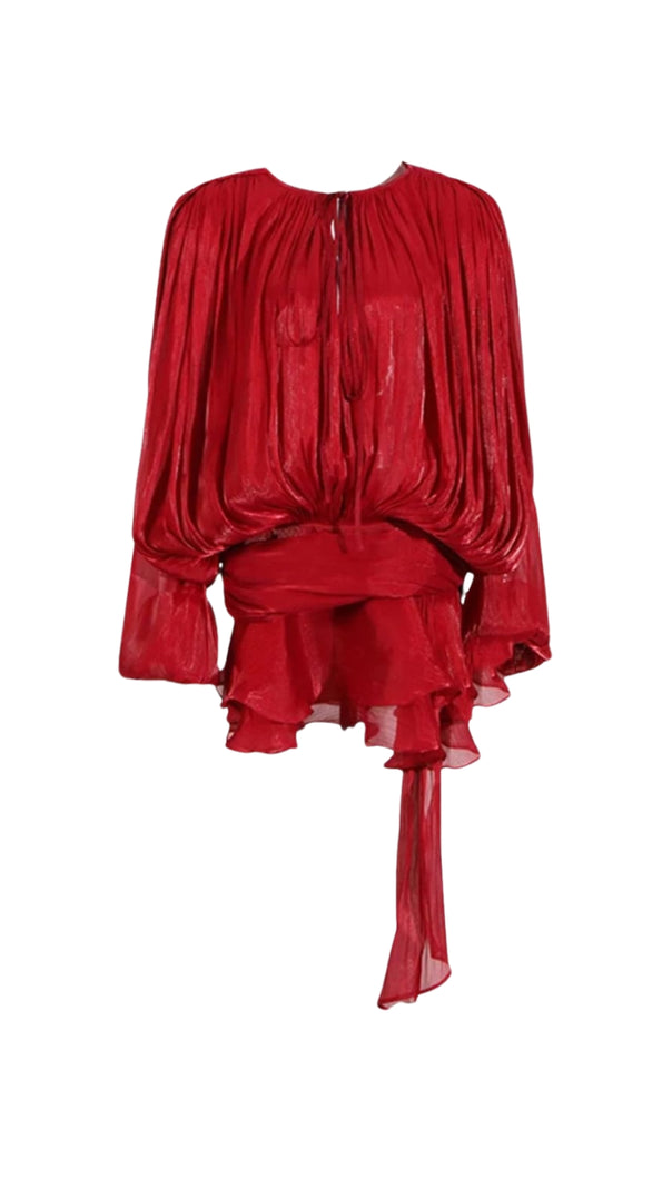 AIIZIE HERMOSA BALLOON SLEEVE RUCH RUFFLE MINI DRESS IN RED - product image