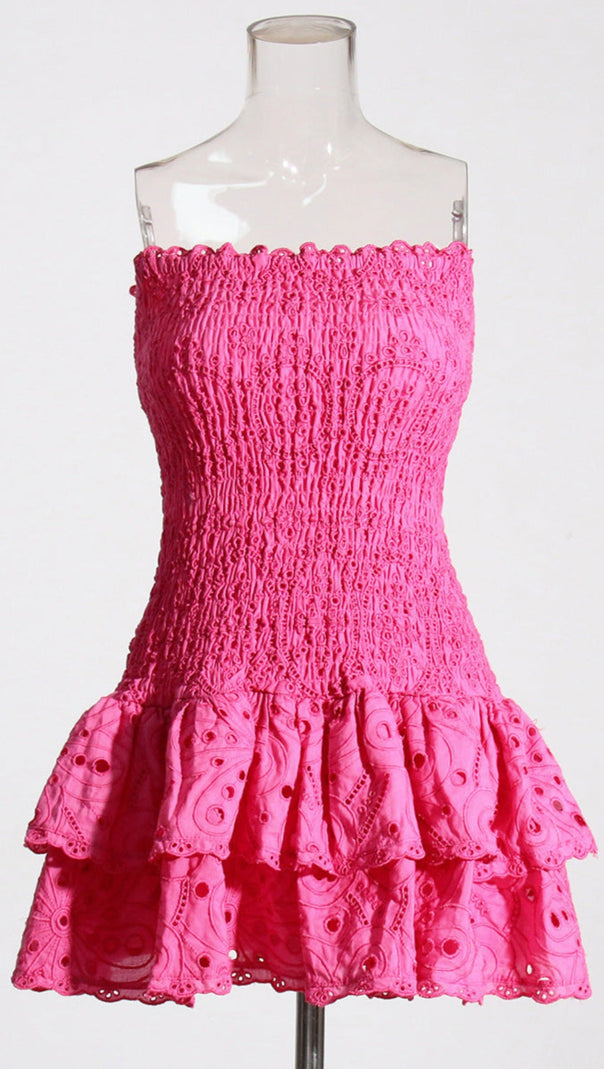 AIIZIE EYELET LAYERED STRAPLESS MINI DRESS IN FUCHSIA - product image
