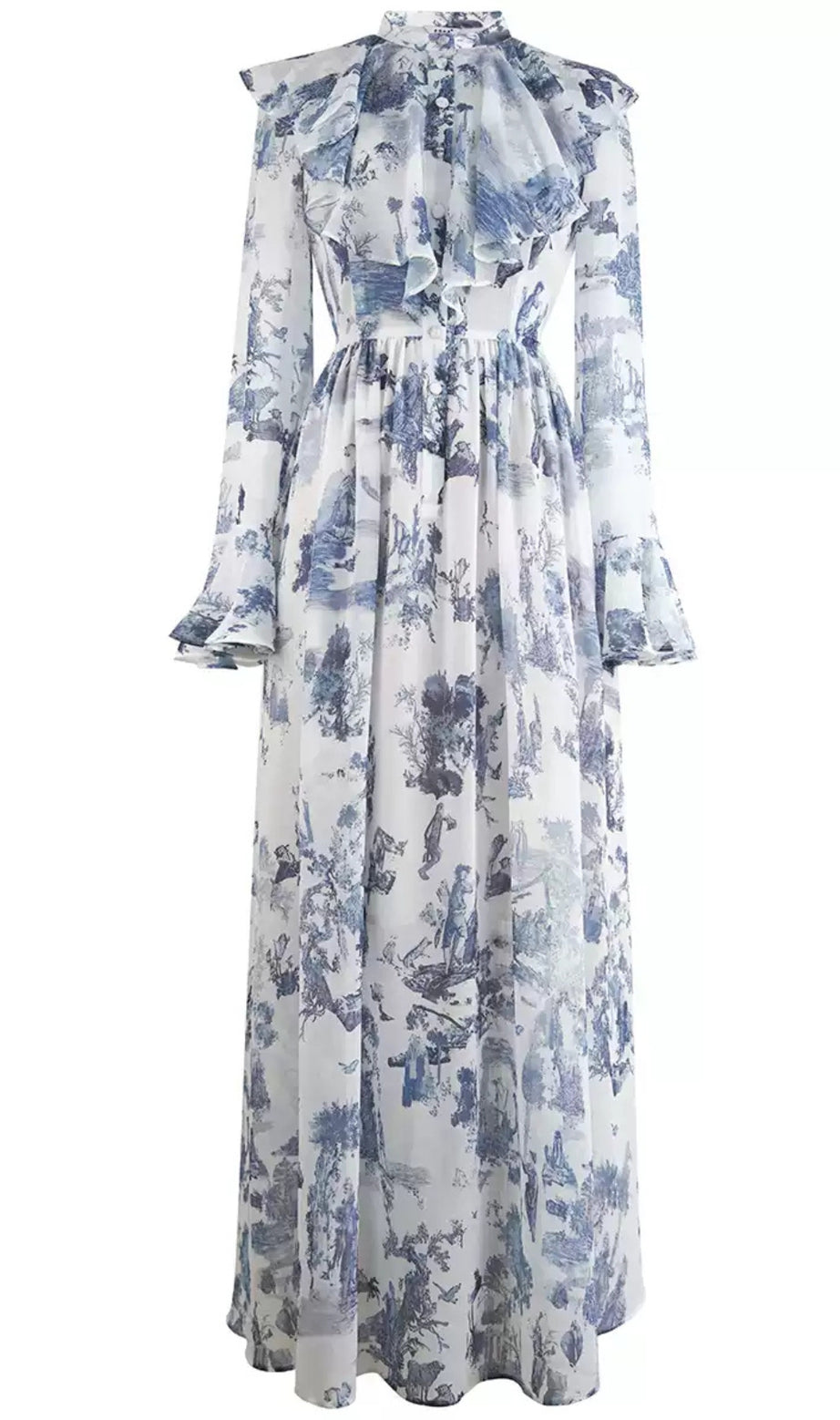 Blue Watercolor Floral Chiffon  Maxi Dress