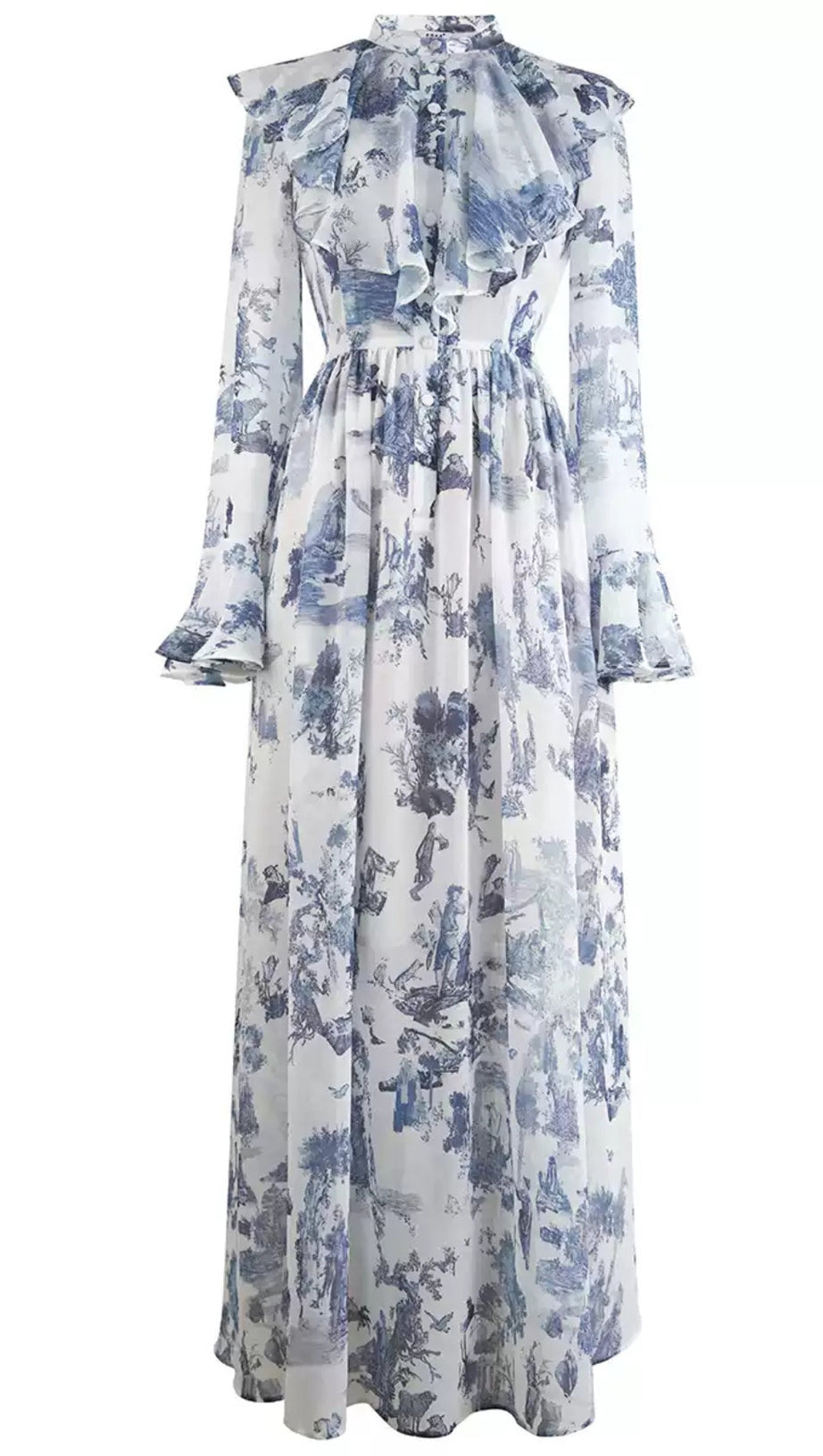 BLUE WATERCOLOR FLORAL CHIFFON  MAXI DRESS