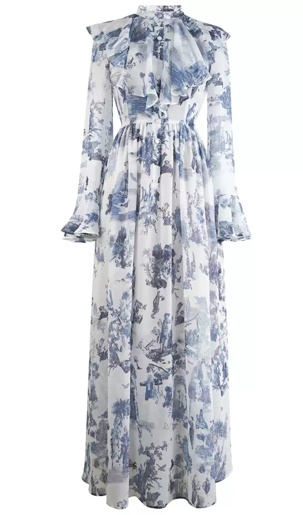 BLUE WATERCOLOR FLORAL CHIFFON  MAXI DRESS