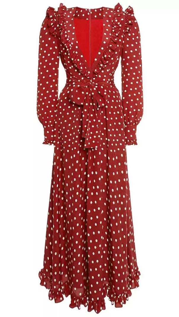 AIIZIE BURGUNDY POLKA DOT MAXI DRESS WITH RUFFLED V - NECK AND BELT - product image