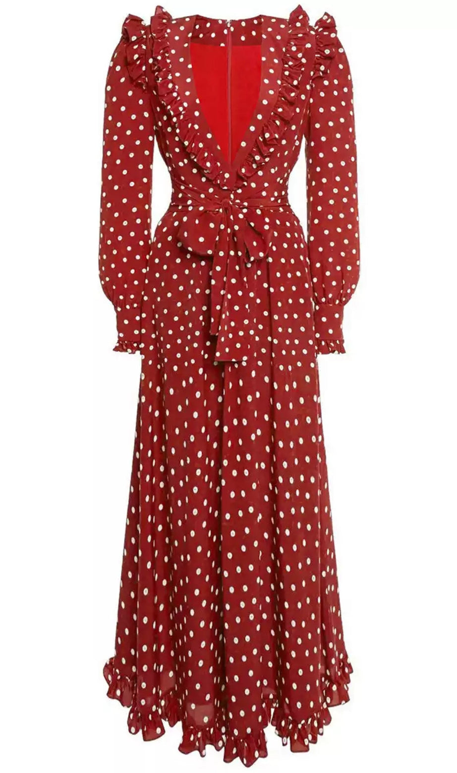 Burgunderrotes Maxikleid mit Polka Dots, gerüschtem V-Ausschnitt und Gürtel 