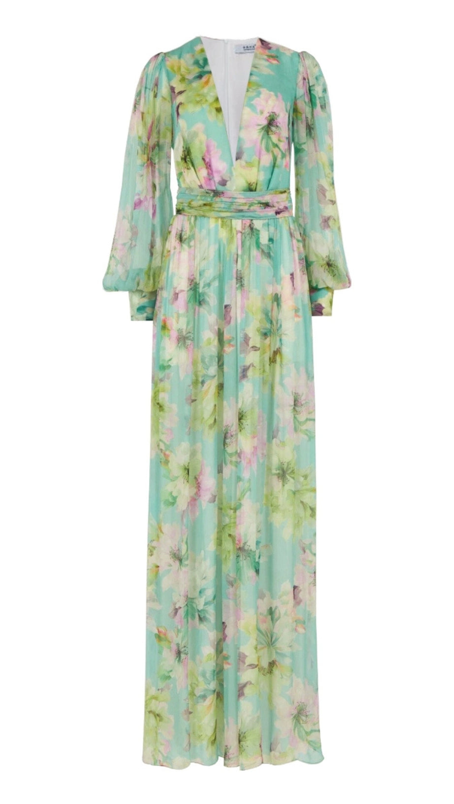 GREEN LONG-SLEEVED FLORAL MAXI DRESS