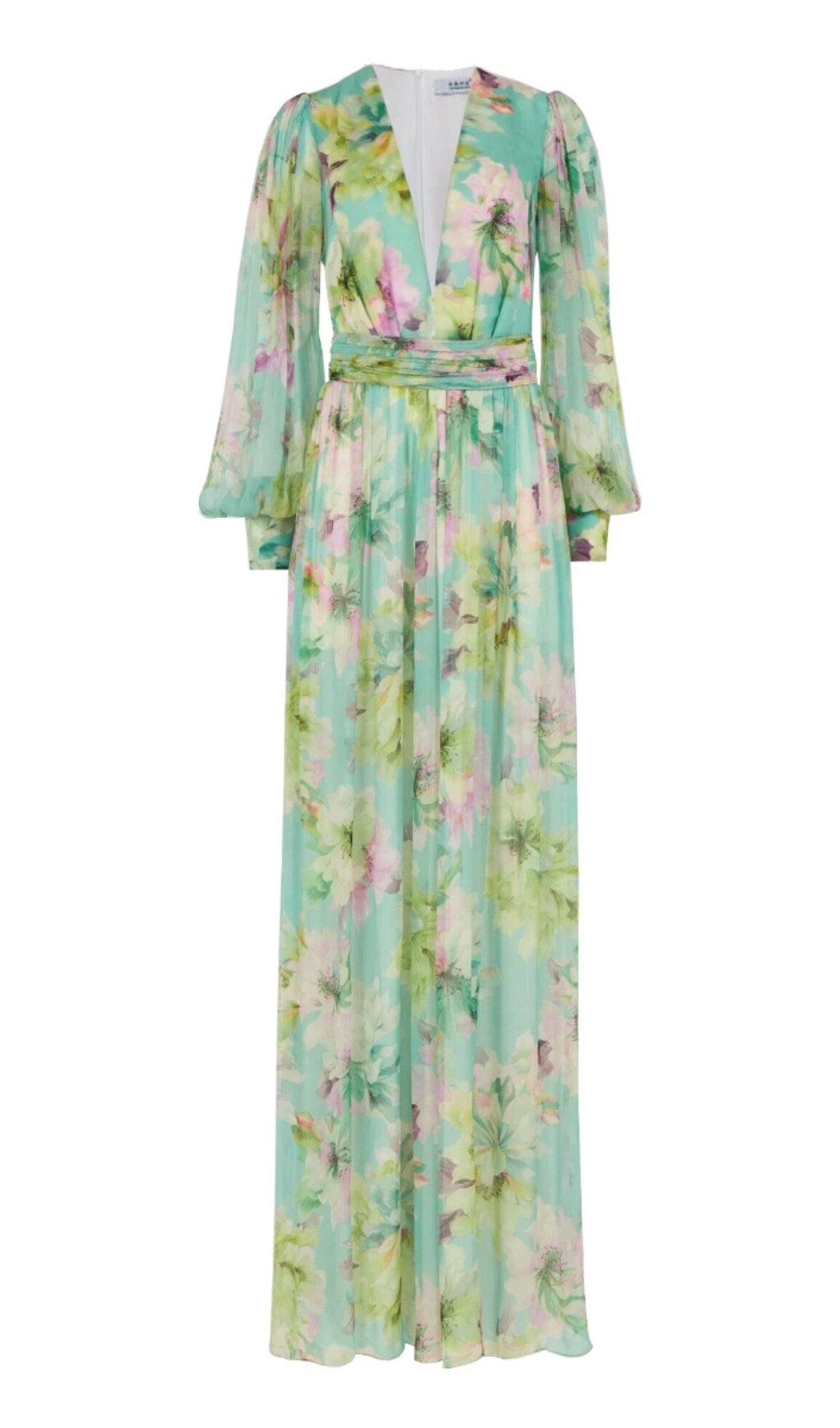 GREEN LONG-SLEEVED FLORAL MAXI DRESS