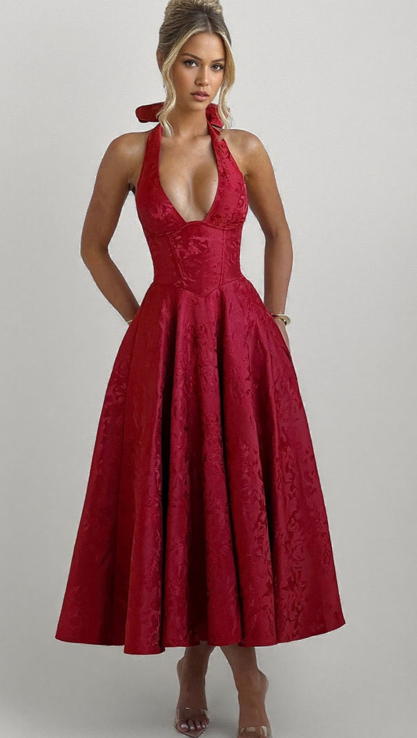 AIIZIE EFFIE BACK BOW MIDI DRESS - RED - product image