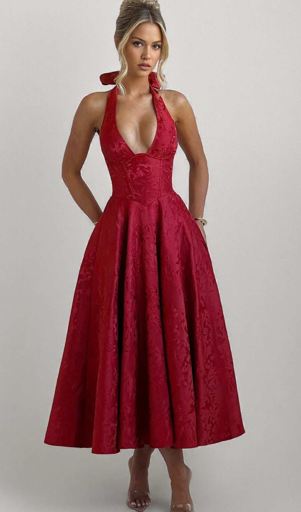 AIIZIE EFFIE BACK BOW MIDI DRESS - RED - product image