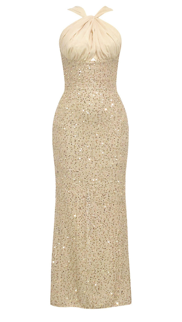 AIIZIE SEQUIN HALTER NECK RUCHED MIDI DRESS IN CHAMPAGNE - product image