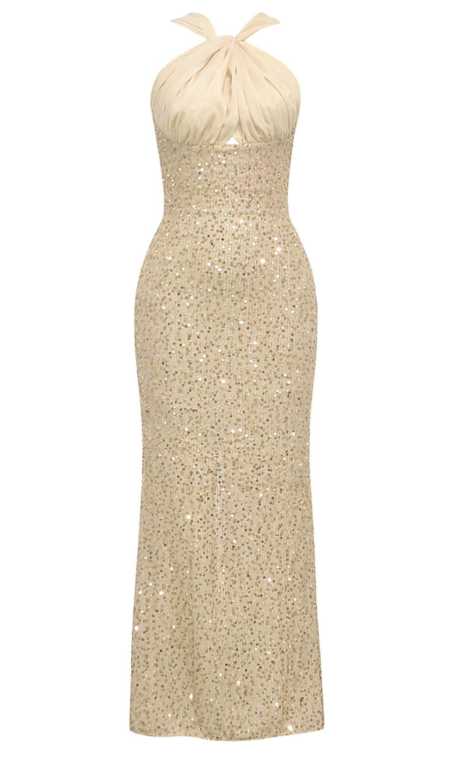 Sequin Halter Neck Ruched Midi Dress in Champagne