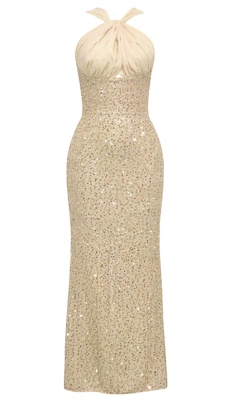 Gerafftes Neckholder-Midikleid mit Pailletten in Champagner