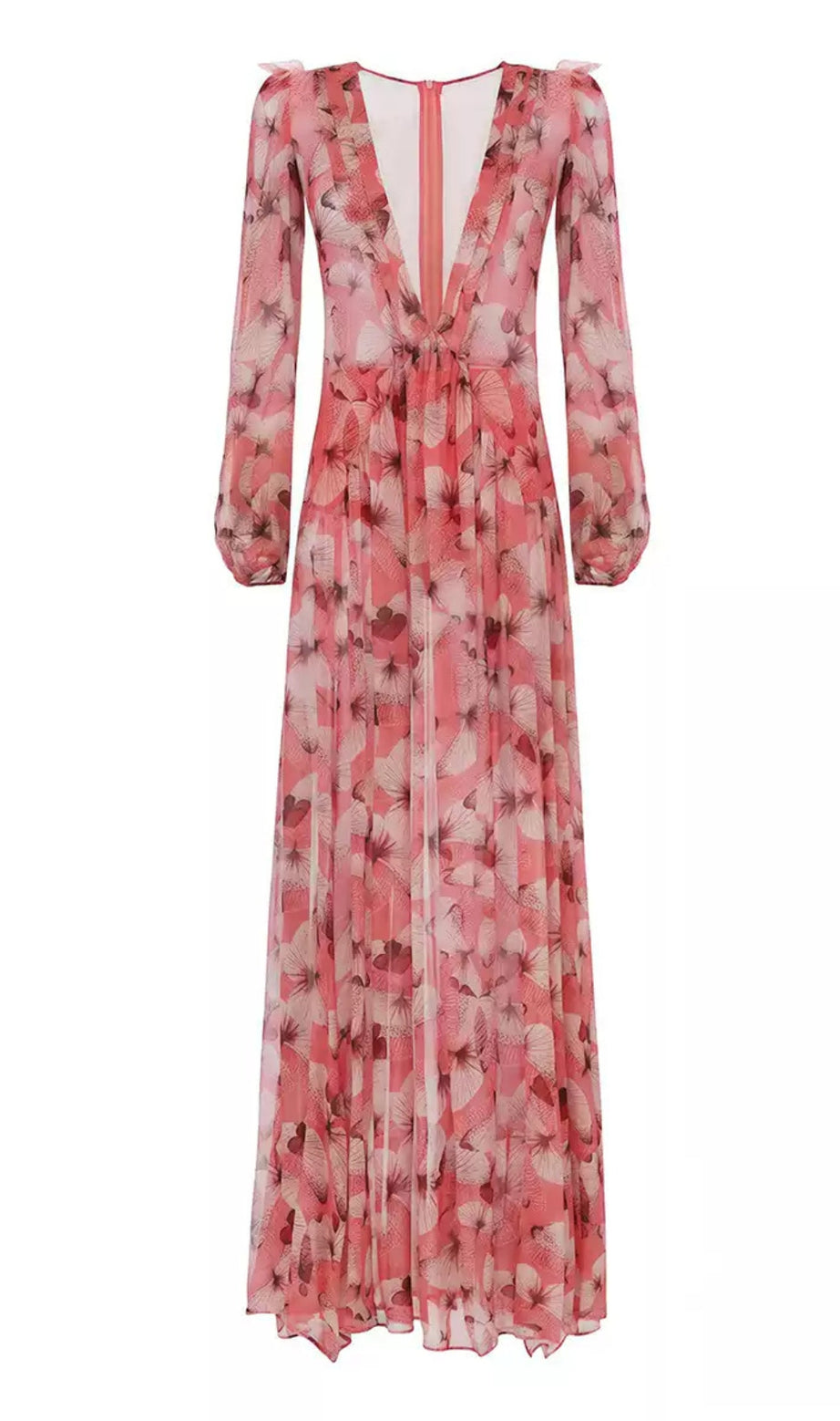 Pink Floral Deep V - Neck Maxi Dress with Long Sleeves