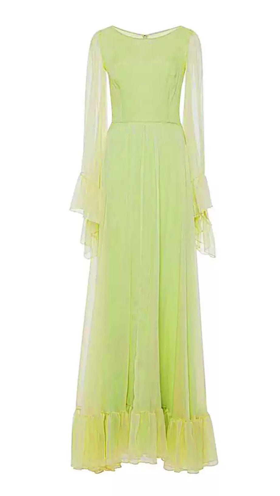 ELEGANT LIME GREEN CHIFFON GOWN WITH RUFFLED SLEEVES