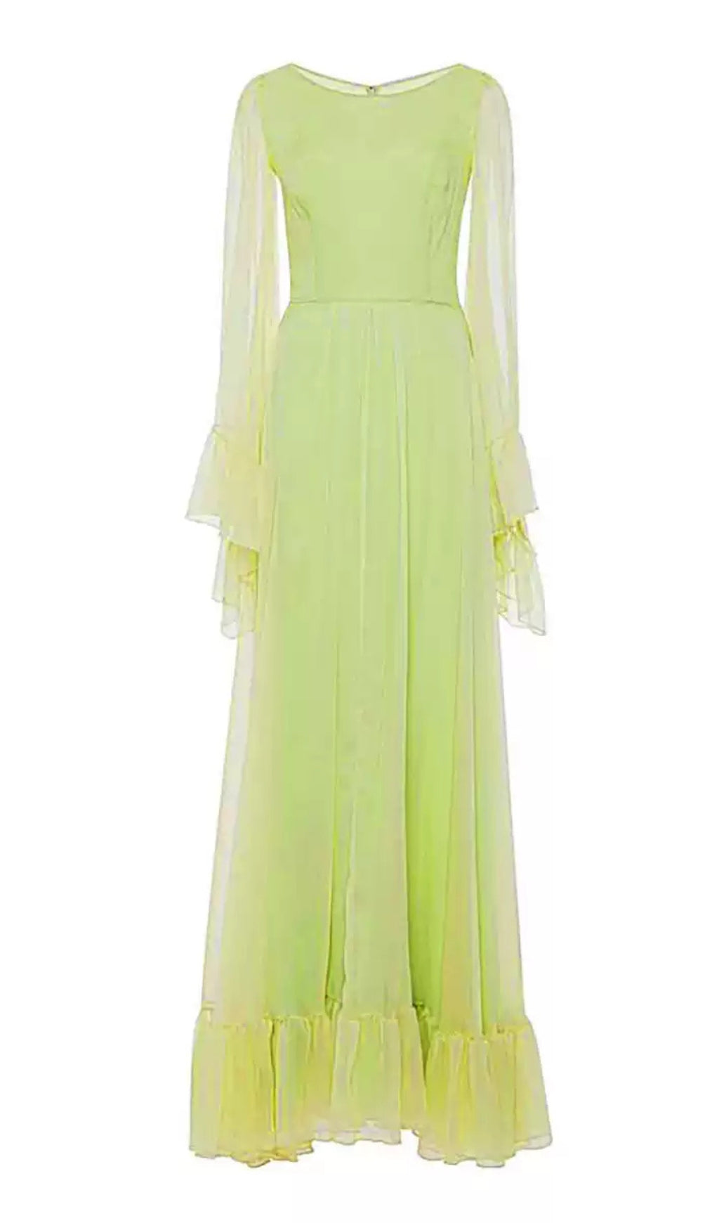 ELEGANT LIME GREEN CHIFFON GOWN WITH RUFFLED SLEEVES