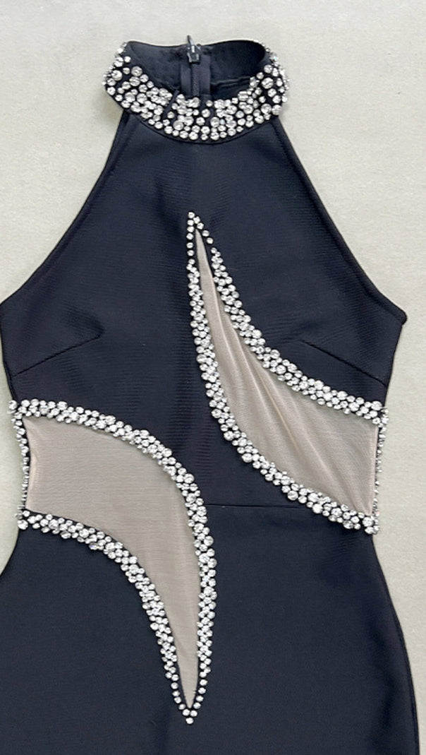 AIIZIE HALTER NECK RHINESTONE CUTOUT MAXI DRESS IN BLACK - product image