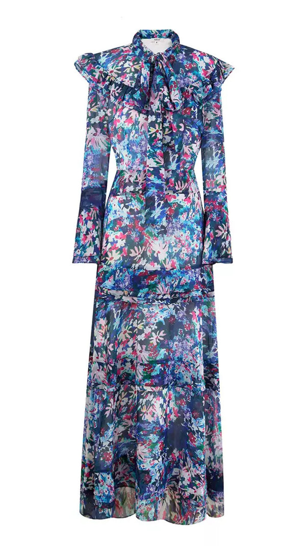 AIIZIE ELEGANT FLORAL MAXI DRESS WITH BOW NECKLINE AND RUFFLES - product image
