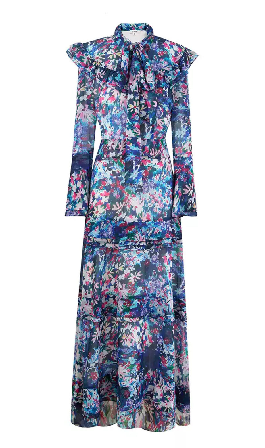 Elegantes Maxikleid mit Blumenmuster, Schleifenausschnitt und Rüschen 