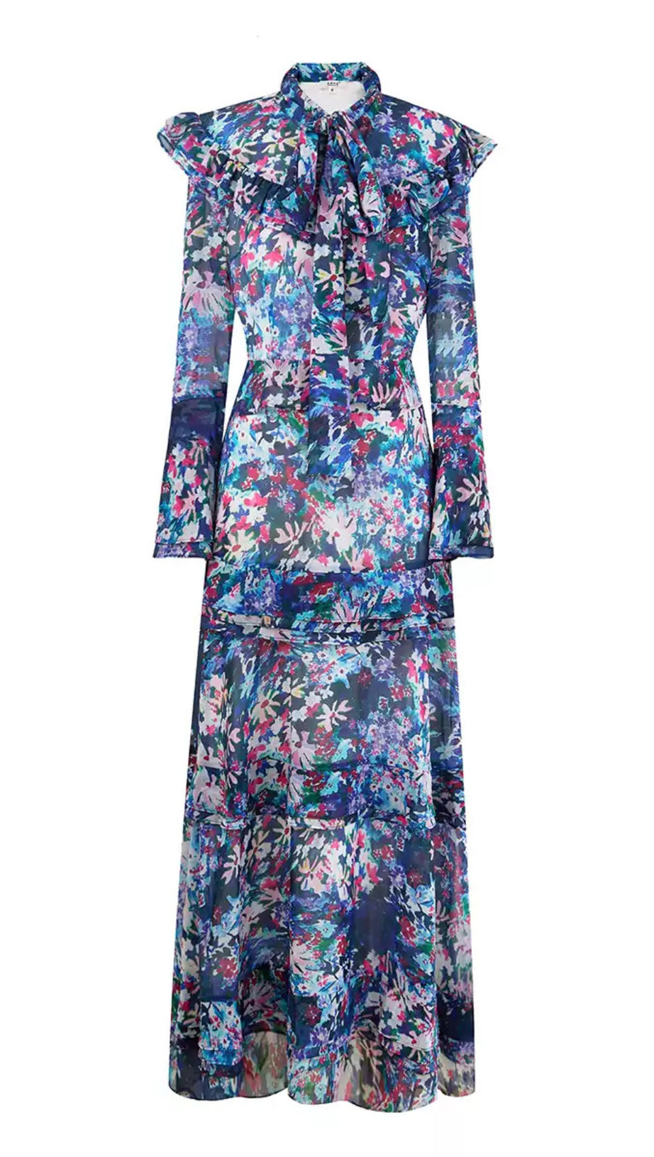 ELEGANT FLORAL MAXI DRESS WITH BOW NECKLINE AND RUFFLES