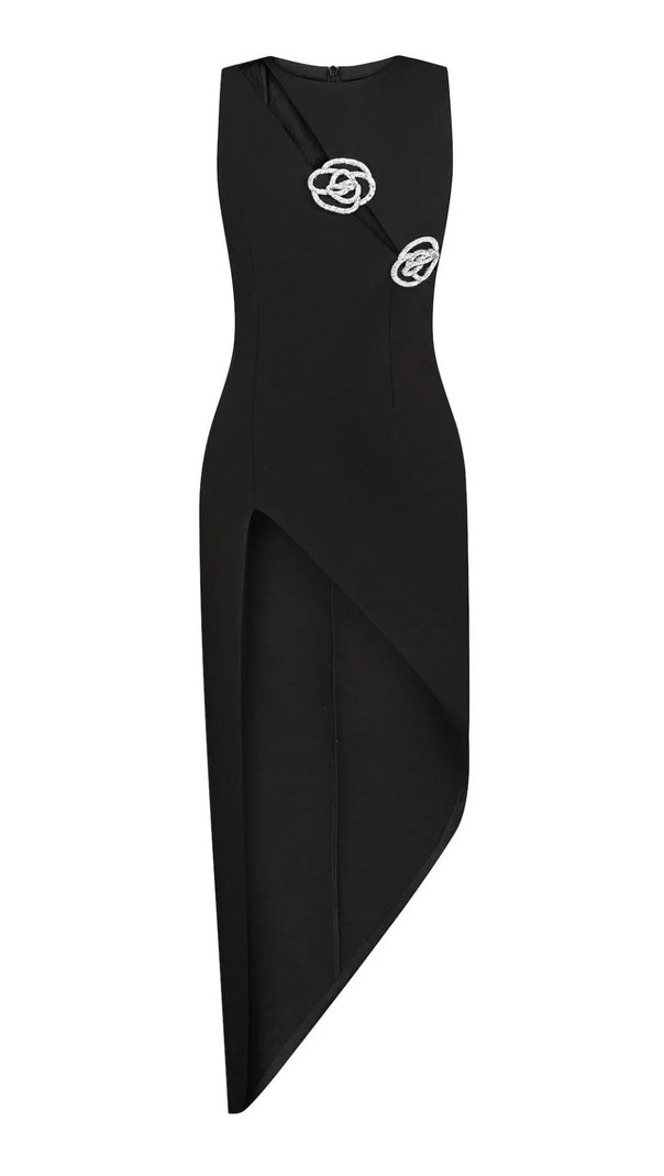 AIIZIE CRYSTAL ROSE DETAILED HIGH-SLIT BLACK DRESS - product image