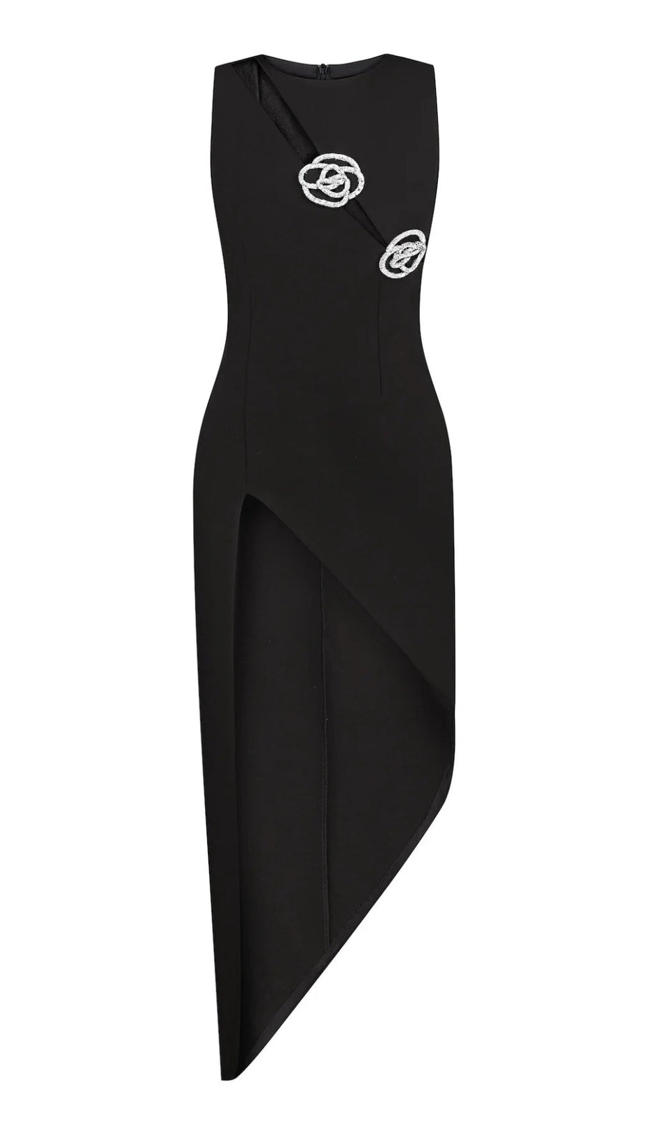 Schwarzes Kleid mit hohem Schlitz und Crystal Rose-Details