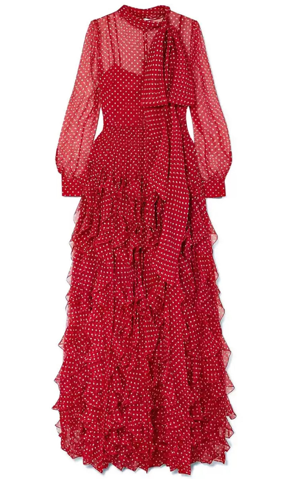 Rotes, gepunktetes Maxikleid mit transparenten Ärmeln 